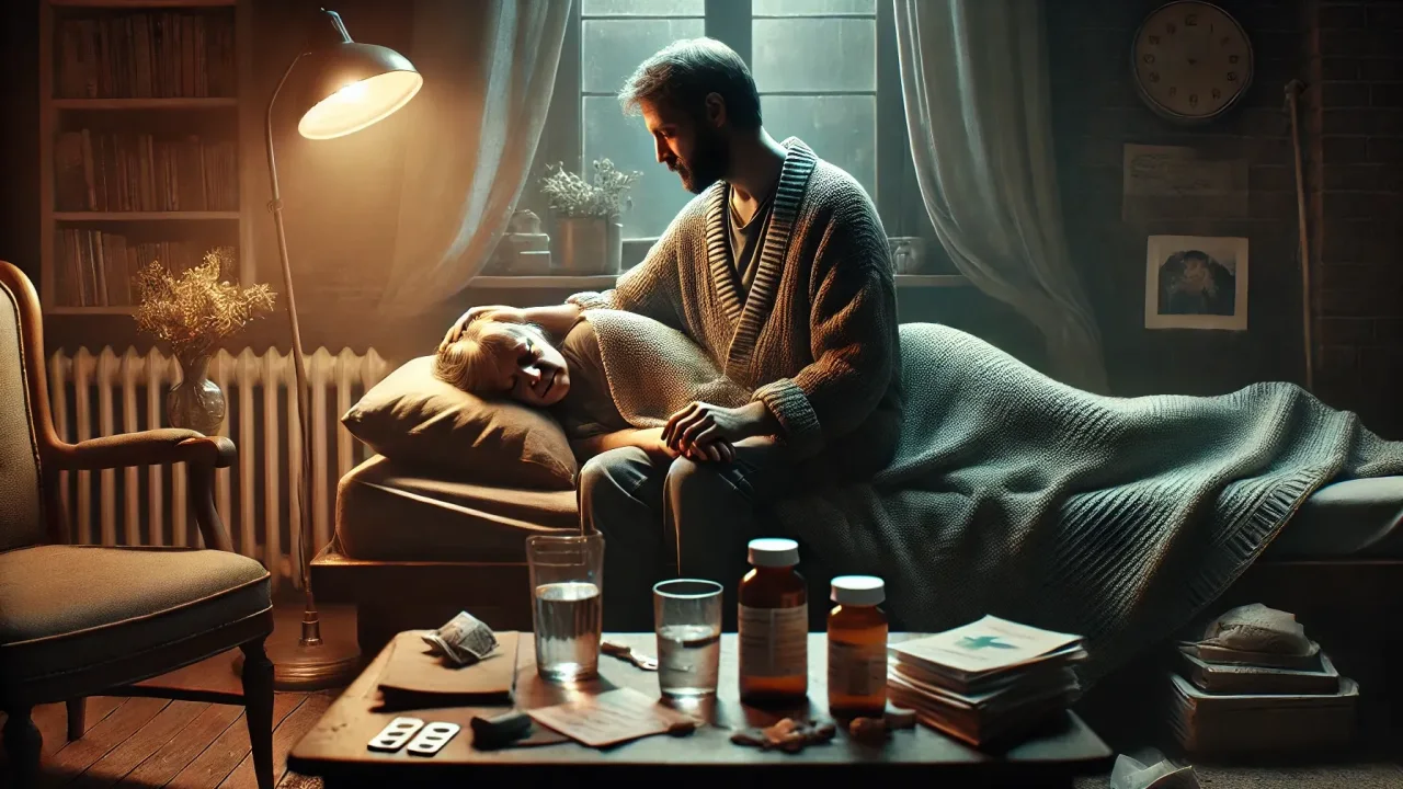 A spouse caring for their chronically ill partner at the bedside