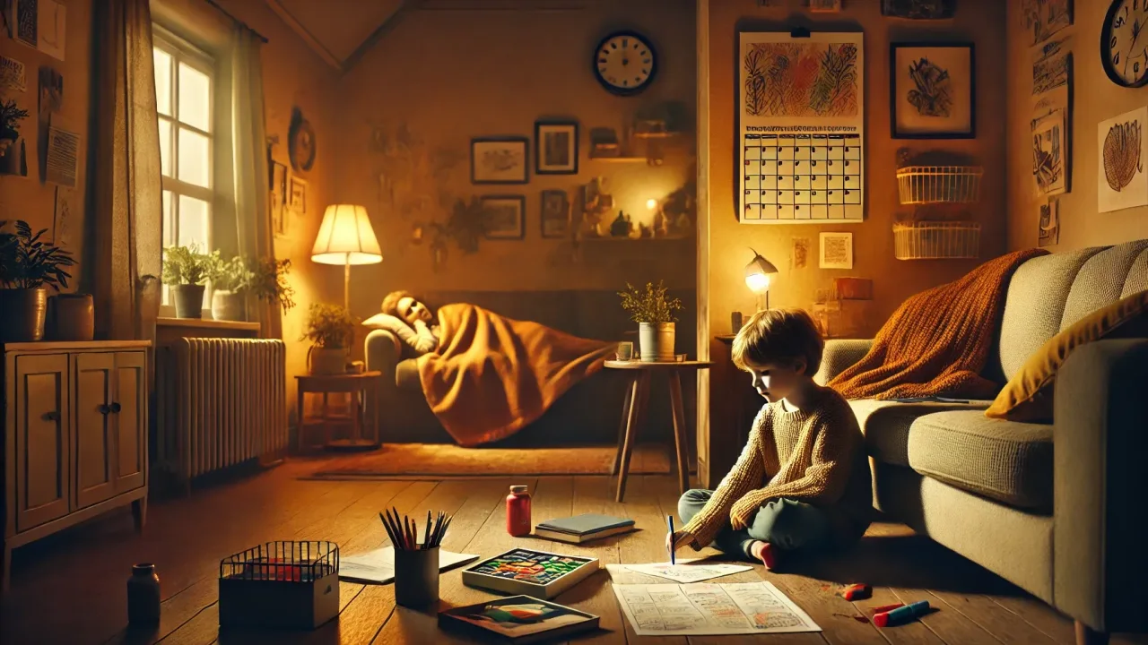 A child playing quietly while a parent rests, ill, nearby