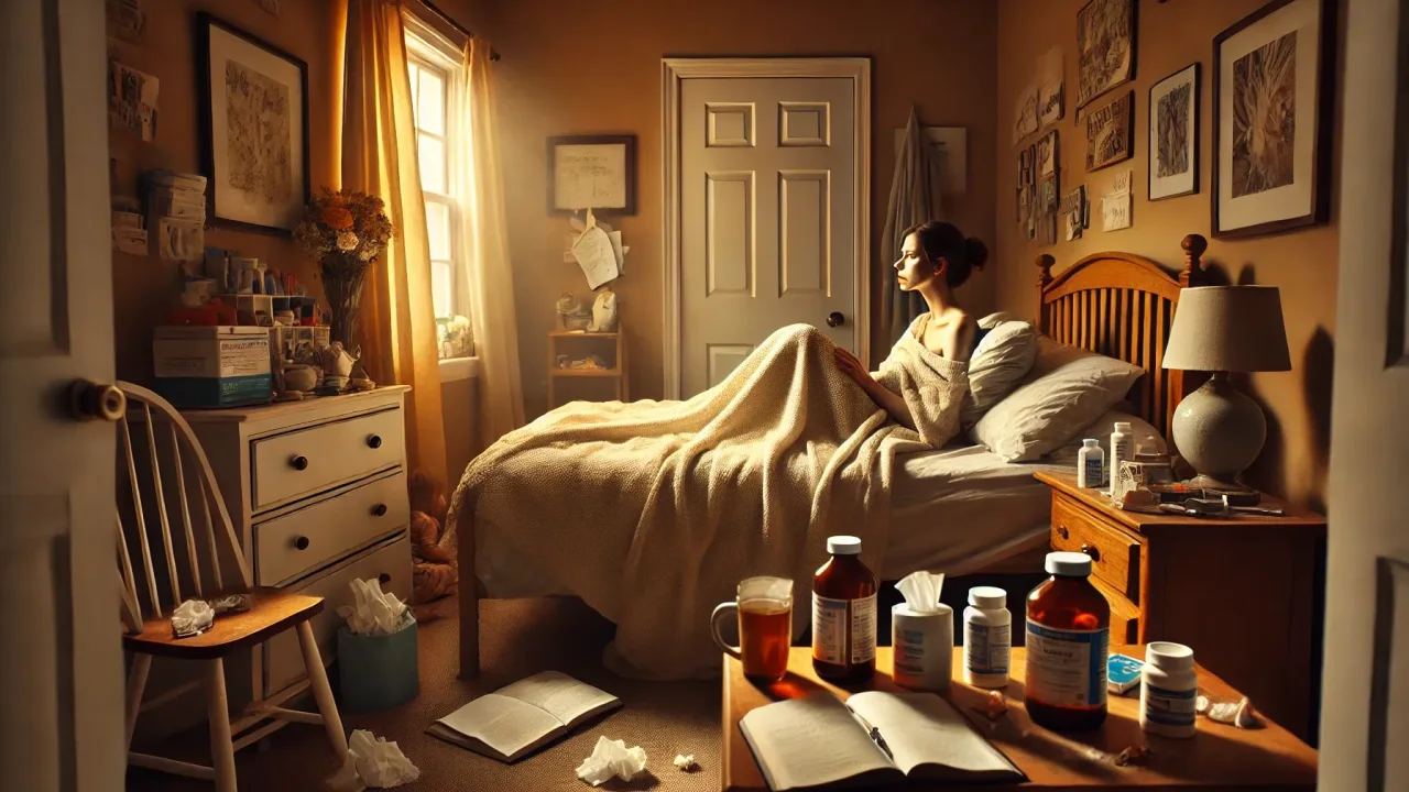 A woman resting in bed, worn down by chronic illness
