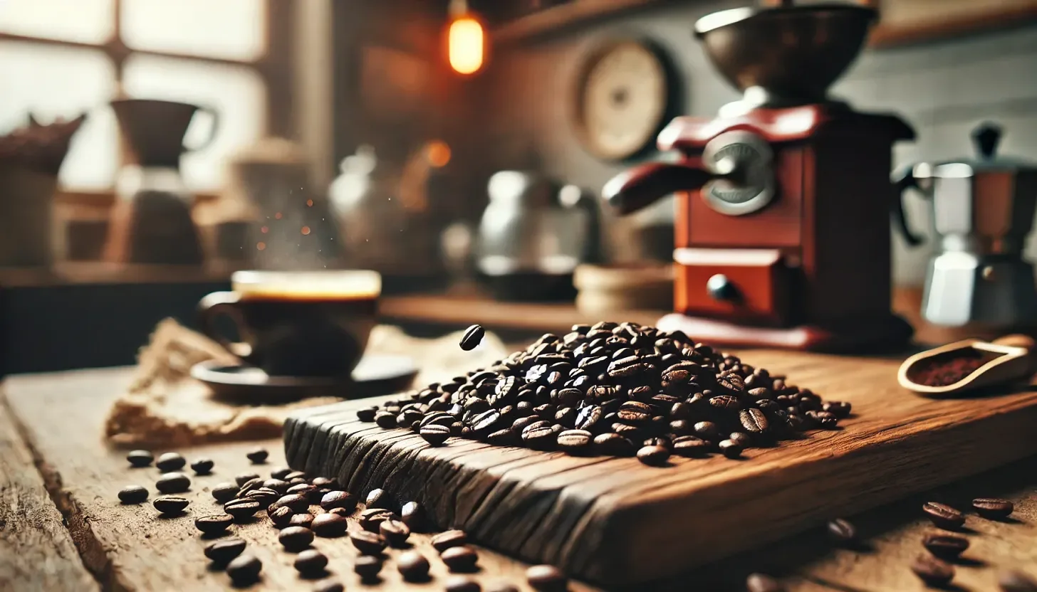 Organic coffee beans on a wooden board — coffee used for detox enemas in Lyme recovery